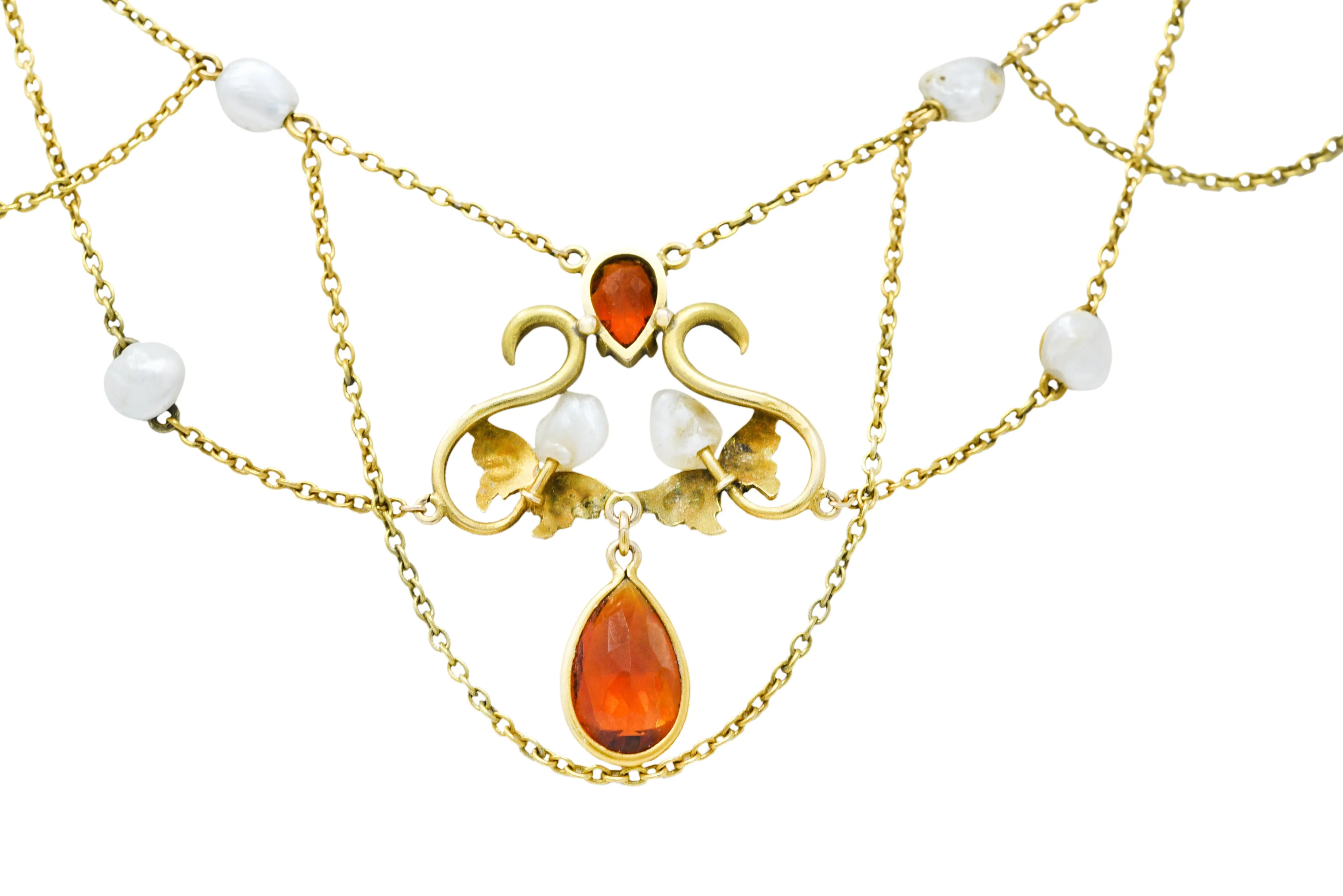 Art Nouveau Citrine Baroque Pearl 14 Karat Gold Swag Necklace
