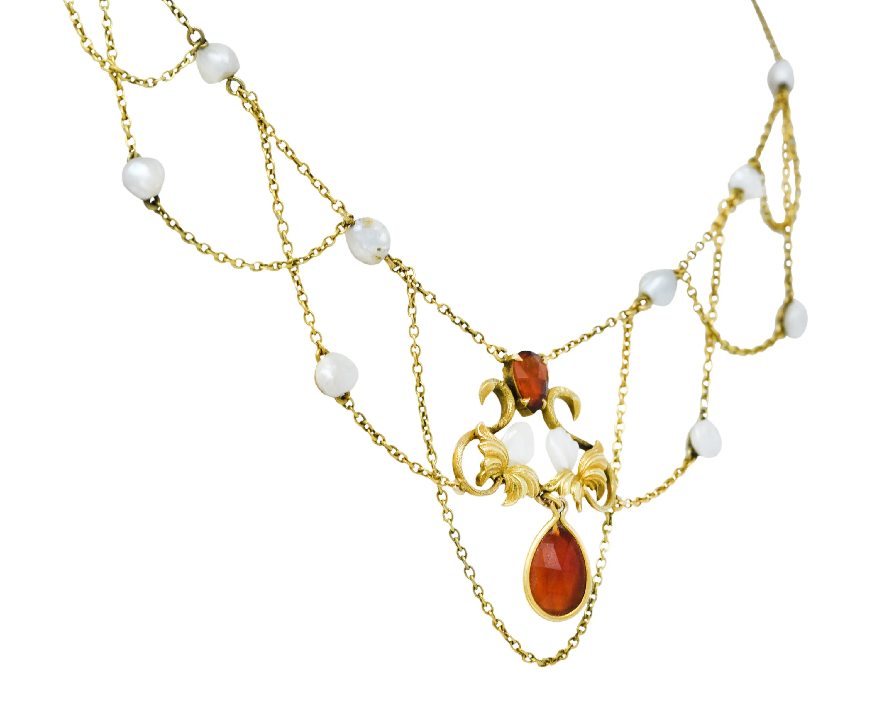 Art Nouveau Citrine Baroque Pearl 14 Karat Gold Swag Necklace