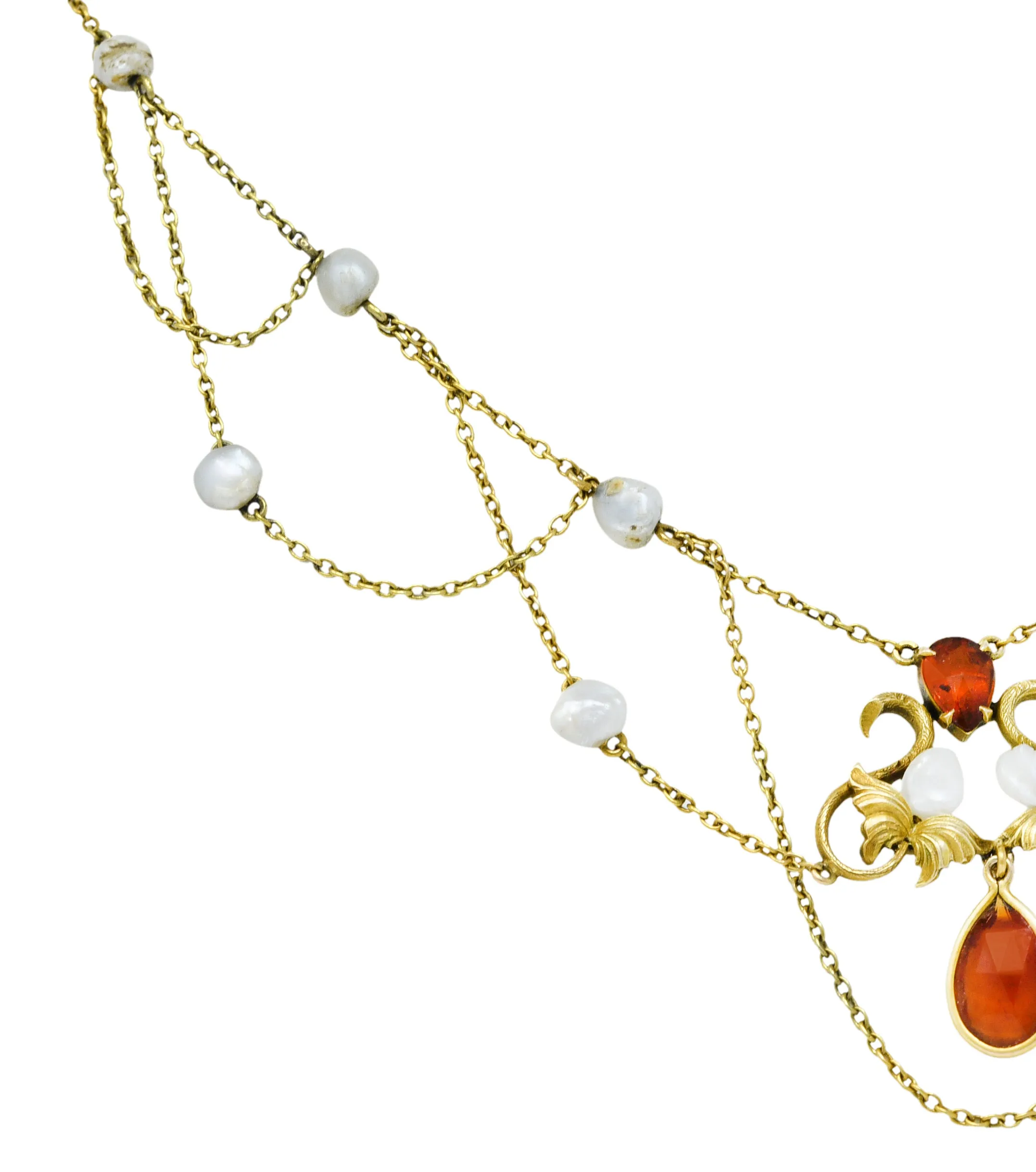 Art Nouveau Citrine Baroque Pearl 14 Karat Gold Swag Necklace
