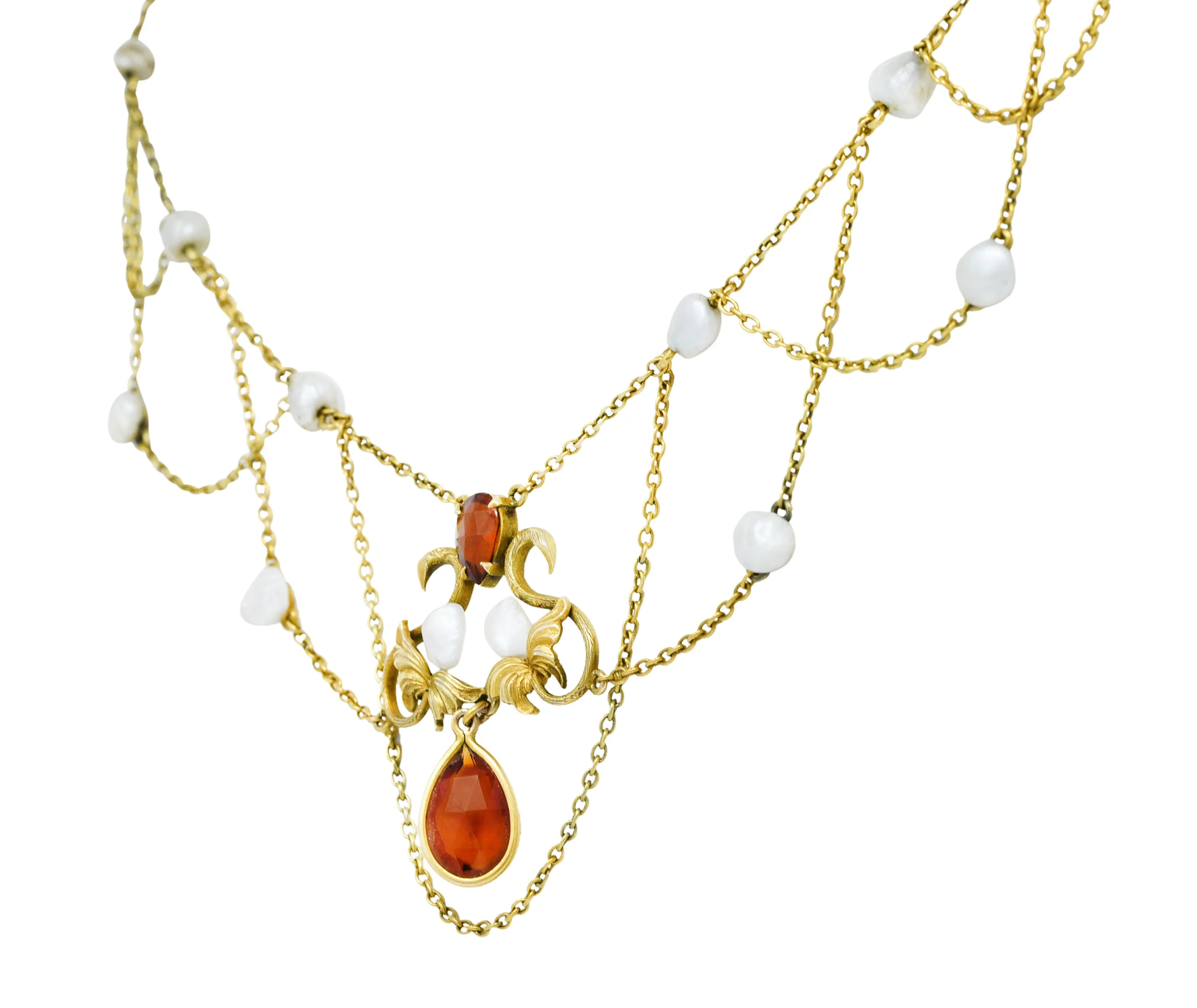 Art Nouveau Citrine Baroque Pearl 14 Karat Gold Swag Necklace