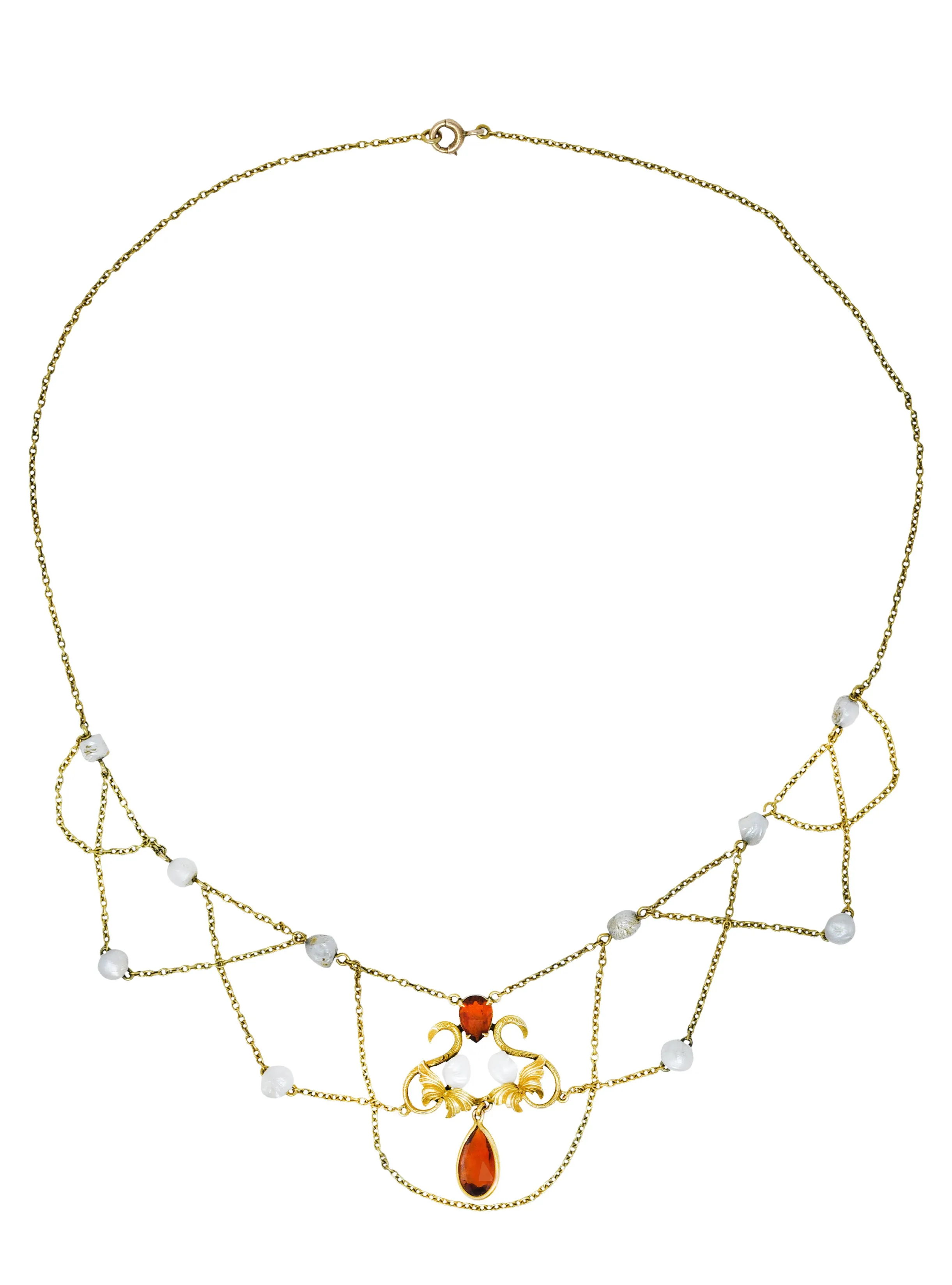 Art Nouveau Citrine Baroque Pearl 14 Karat Gold Swag Necklace