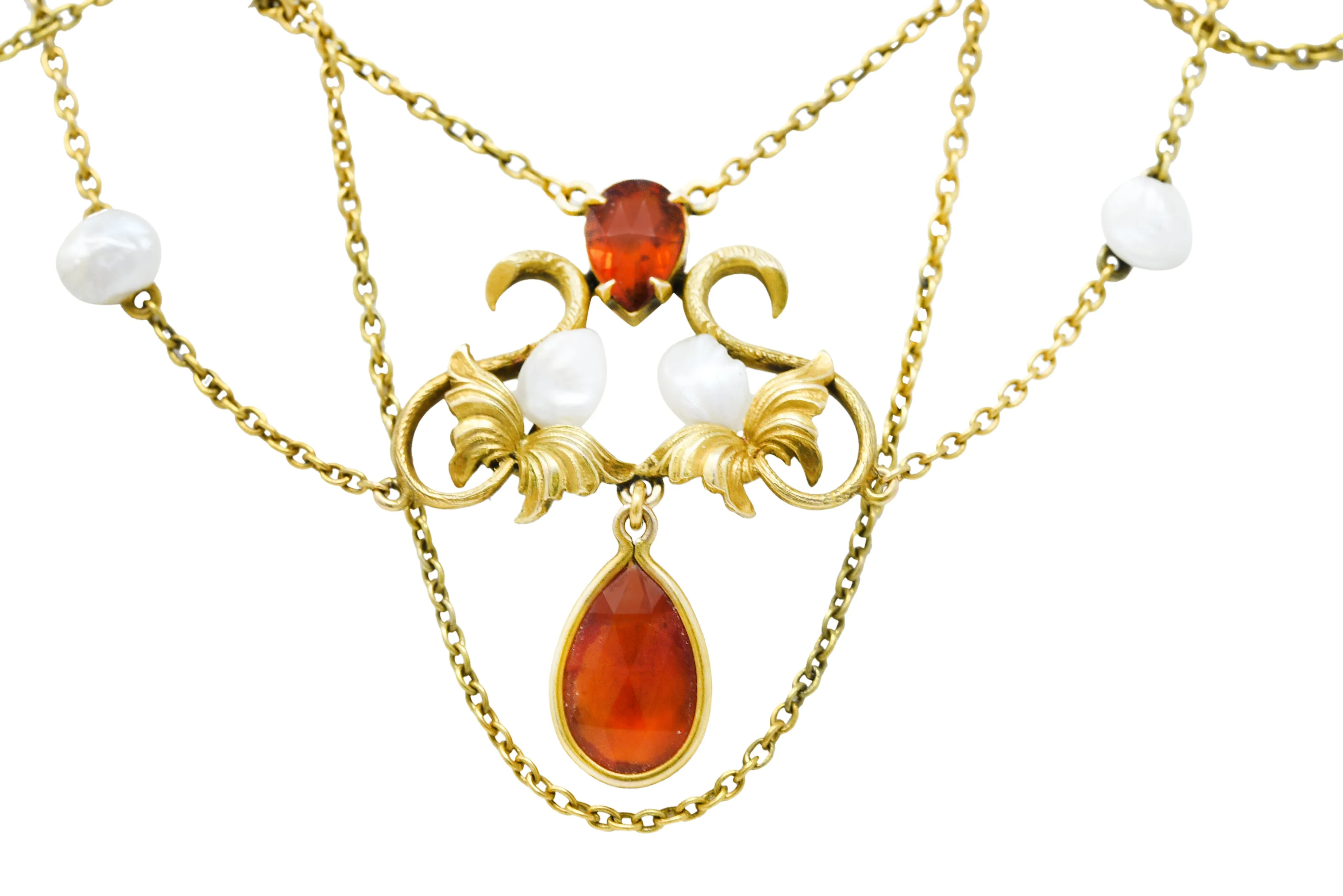 Art Nouveau Citrine Baroque Pearl 14 Karat Gold Swag Necklace