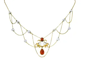 Art Nouveau Citrine Baroque Pearl 14 Karat Gold Swag Necklace