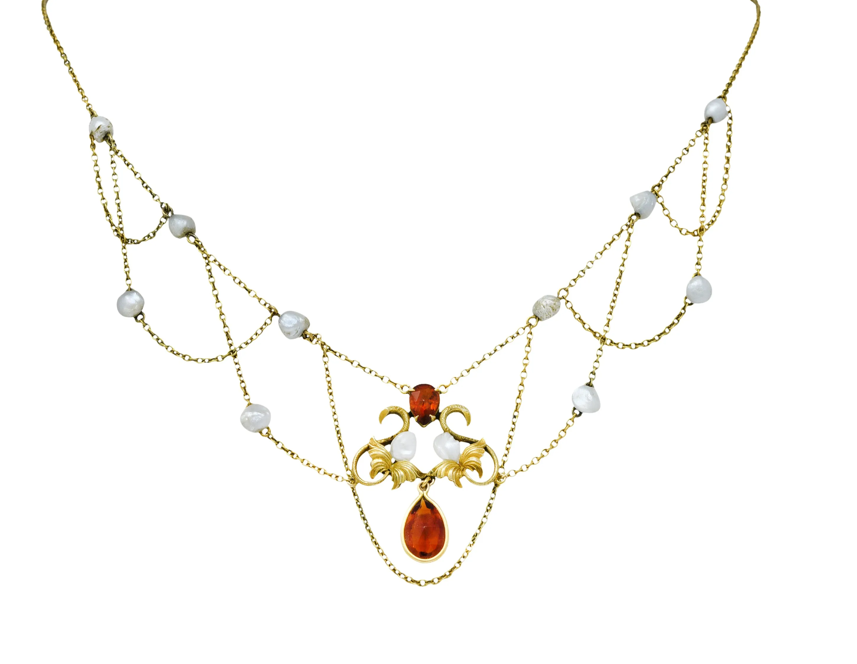 Art Nouveau Citrine Baroque Pearl 14 Karat Gold Swag Necklace