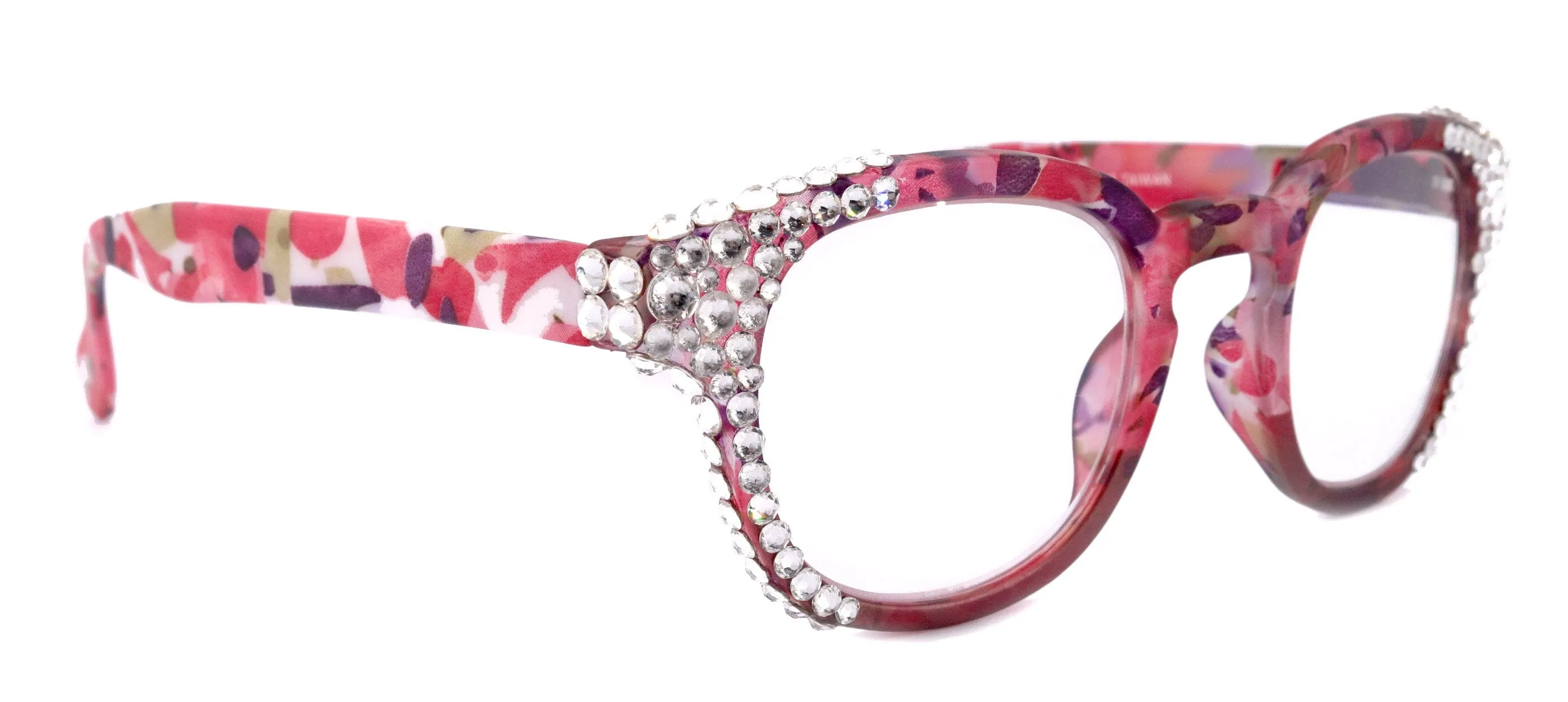 Autumn, (Bling) Reading Glasses For Women Adorned w (Clear) Genuine European Crystals,  Round Frame (Pink, Purple Floral) NY Fifth Avenue