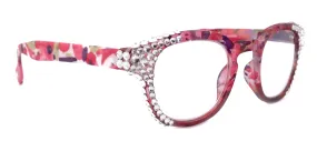 Autumn, (Bling) Reading Glasses For Women Adorned w (Clear) Genuine European Crystals,  Round Frame (Pink, Purple Floral) NY Fifth Avenue