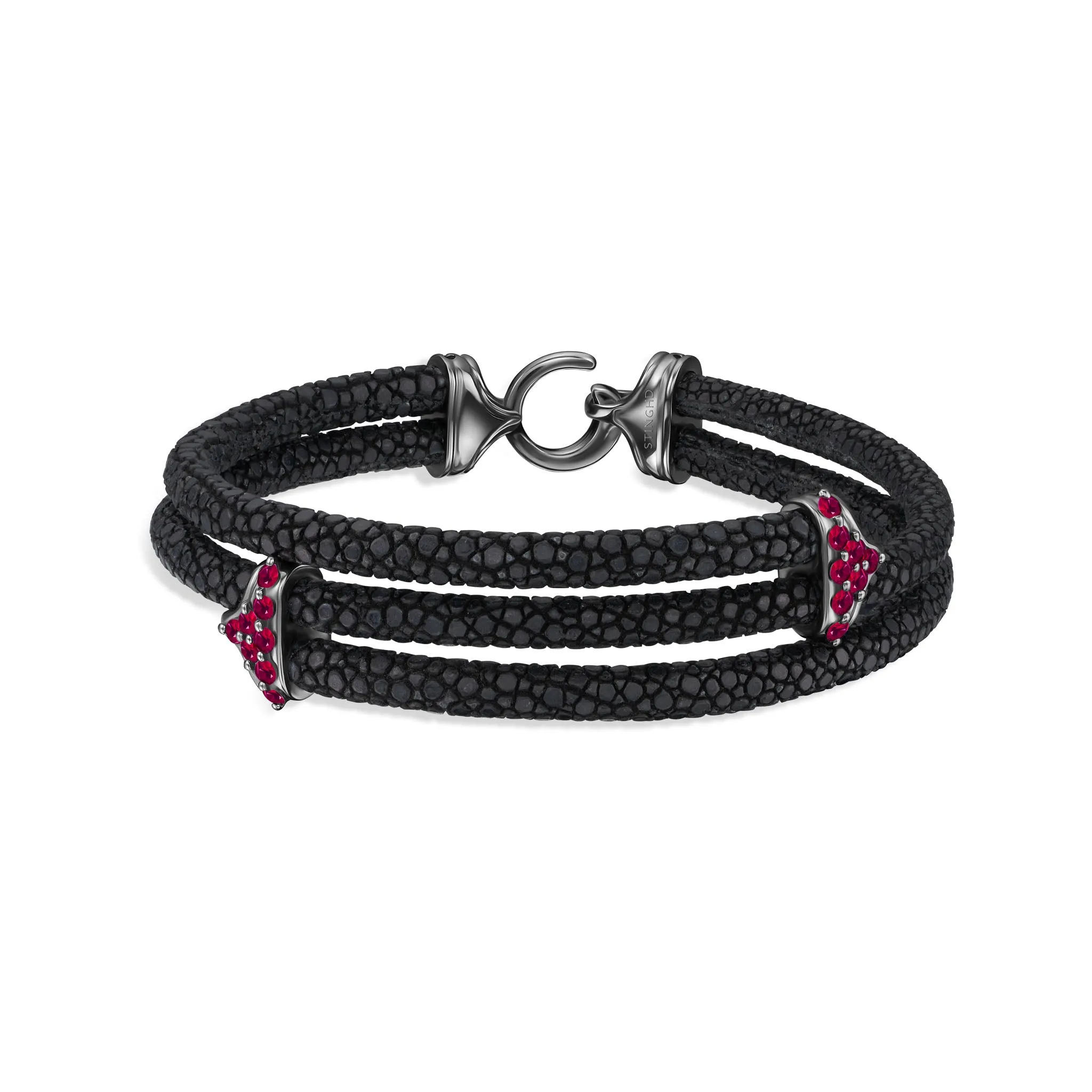 B422 - Black Platinum-Plated Silver with Ruby Triplets on Black Stingray