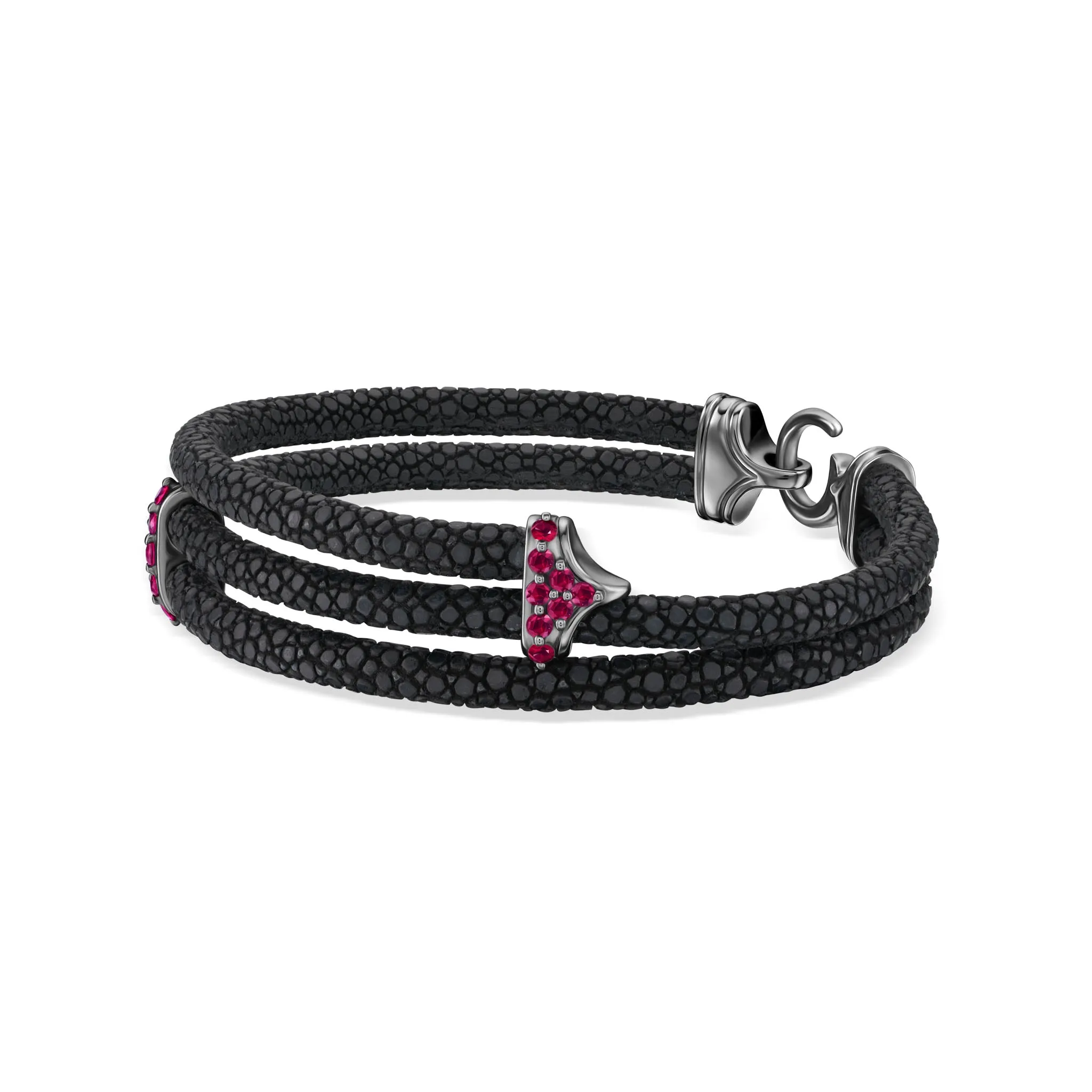 B422 - Black Platinum-Plated Silver with Ruby Triplets on Black Stingray