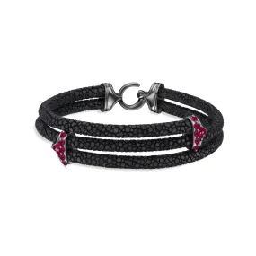 B422 - Black Platinum-Plated Silver with Ruby Triplets on Black Stingray