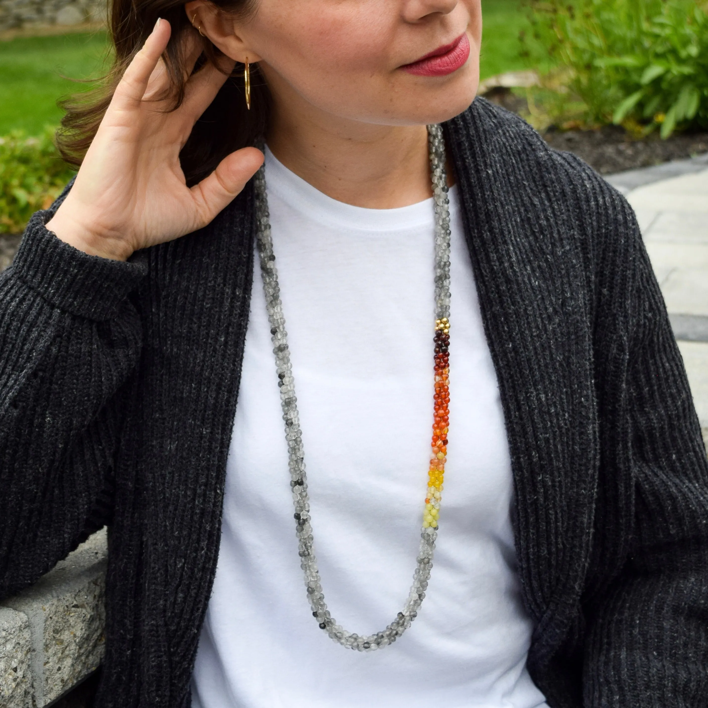 Beaded Gemstone Necklace: Burnt Orange Ombre, Cloud Quartz and Gold