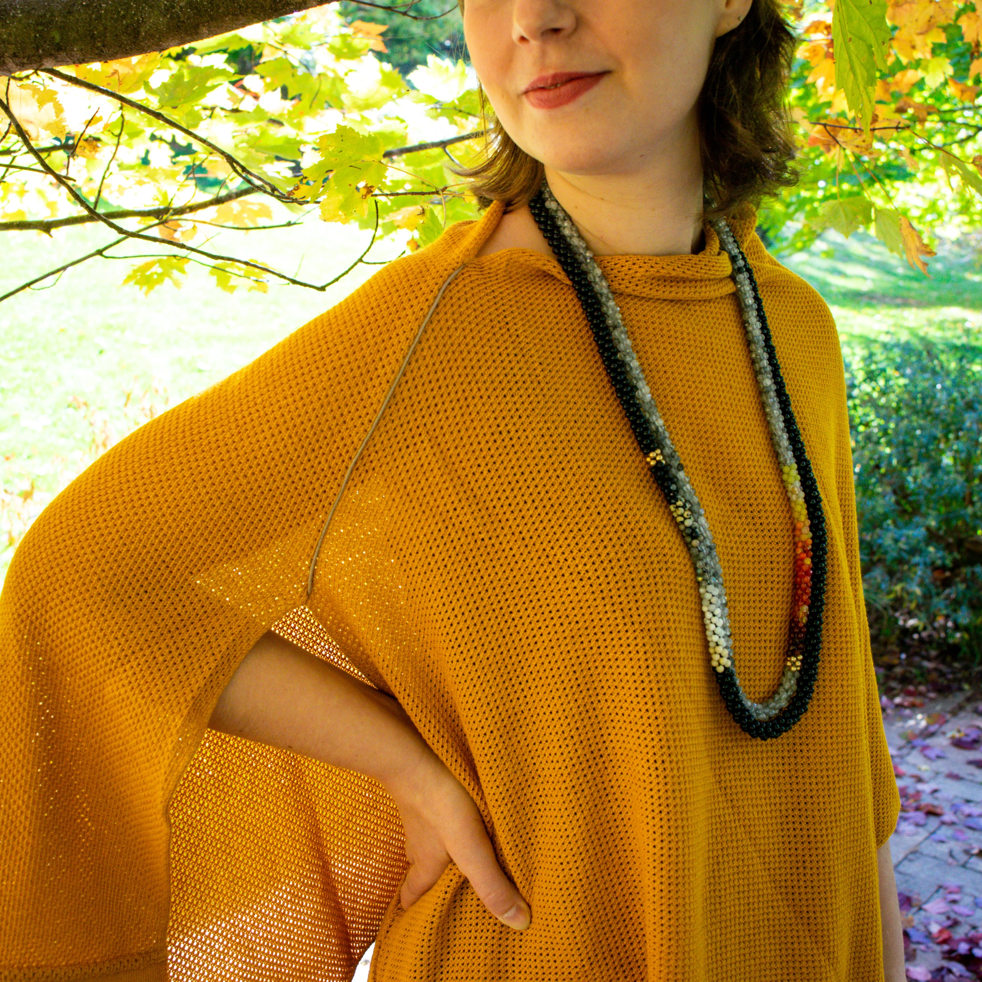 Beaded Gemstone Necklace: Burnt Orange Ombre, Cloud Quartz and Gold