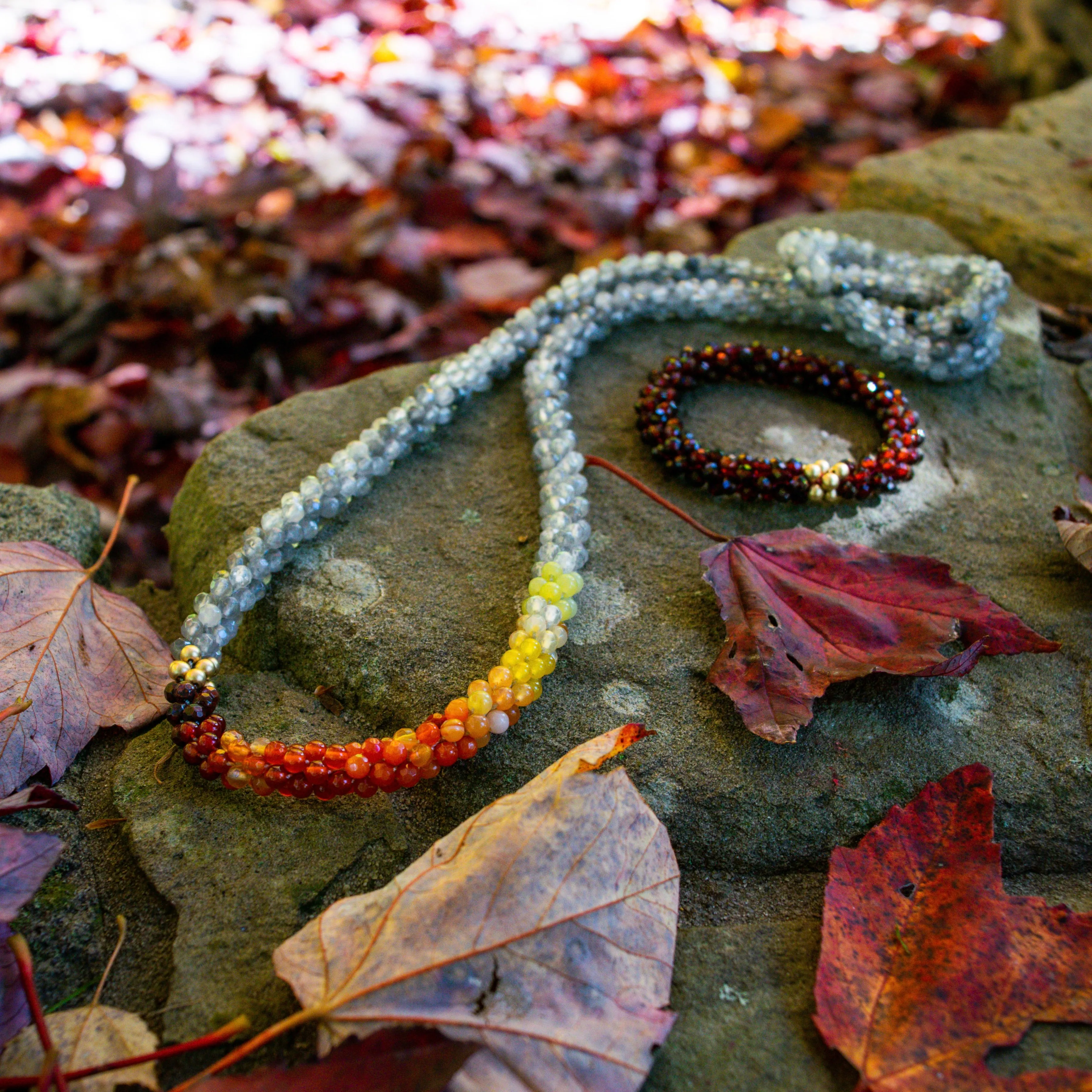 Beaded Gemstone Necklace: Burnt Orange Ombre, Cloud Quartz and Gold