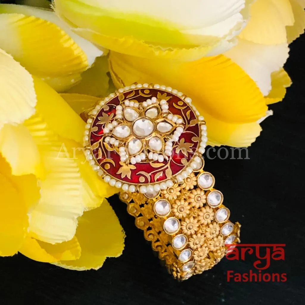 Beautiful Red Meenakari Kundan Openable Bracelet with Pearls