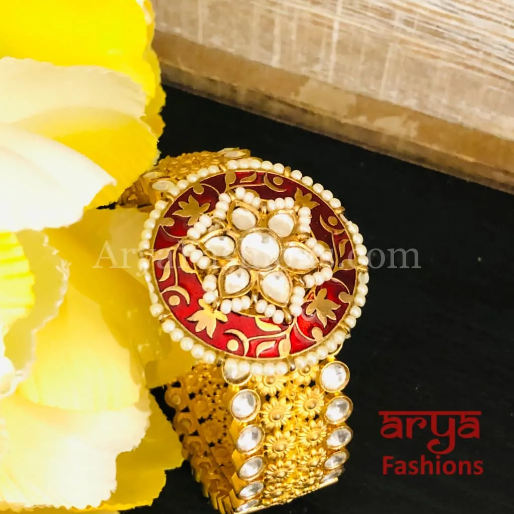 Beautiful Red Meenakari Kundan Openable Bracelet with Pearls