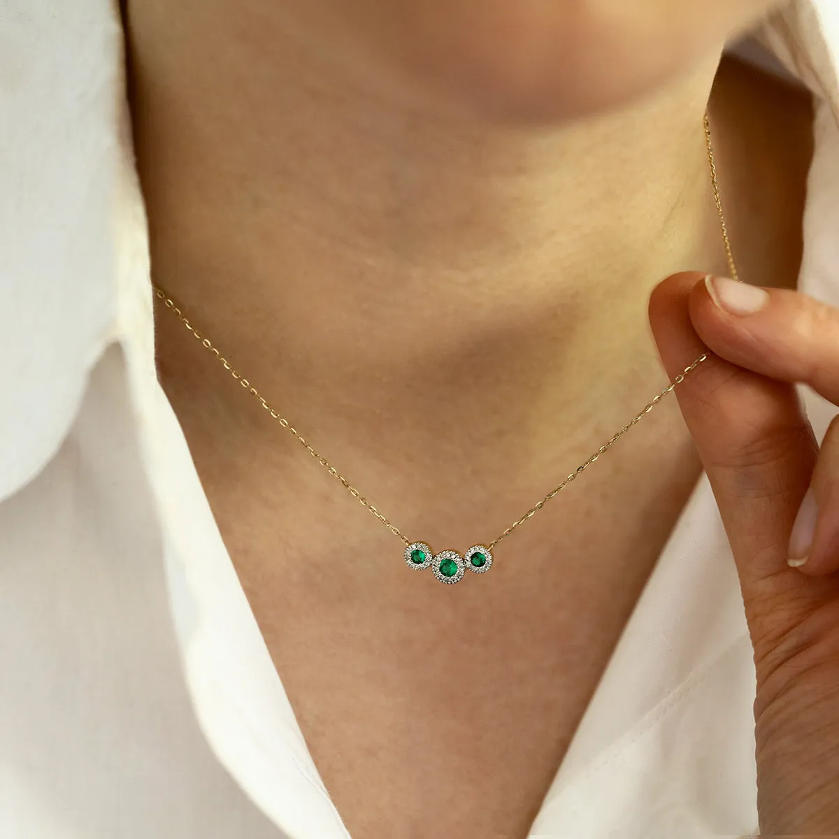 Bijou Collection Lab Grown Emerald and Diamond Triple Halo Necklace | 9K Yellow Gold