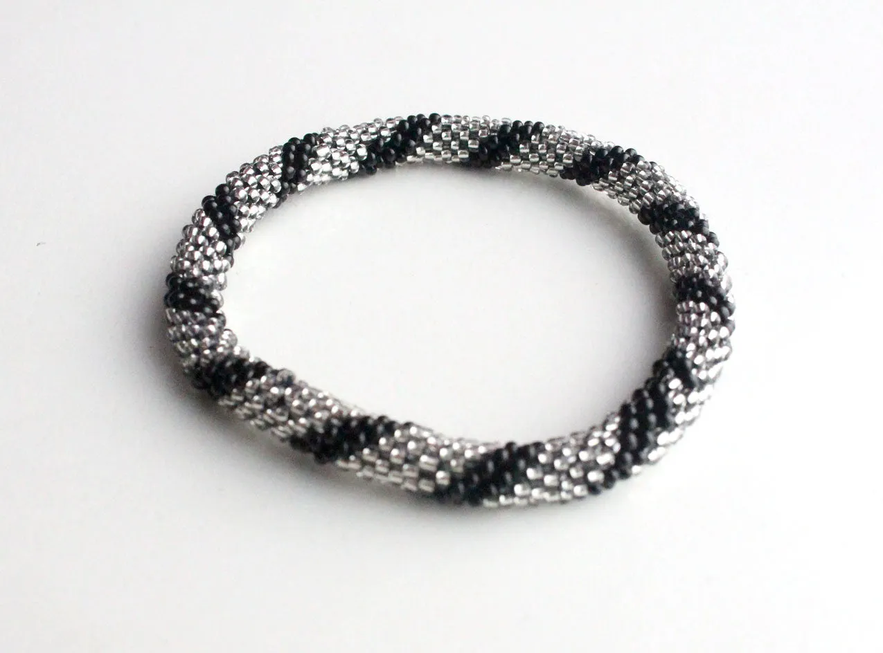Black Silver Hand Crocheted Roll On Bracelet