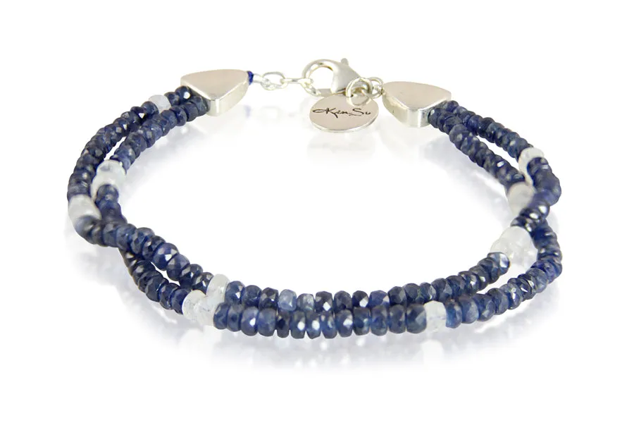 Bracelet - Beaded Raw Blue Sapphire & Moonstone Sterling Silver Double Line