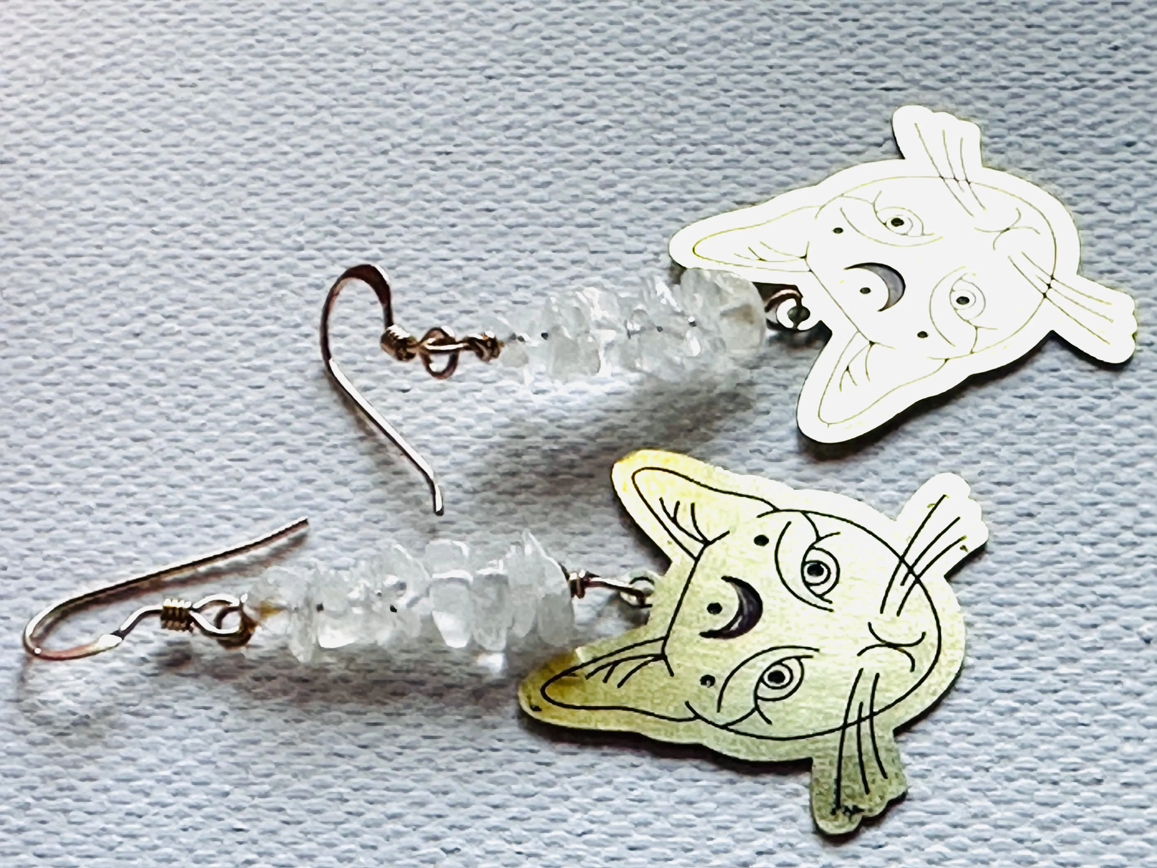 Brass Cat Gemstone Earrings/kitty Earrings /Natural Gemstone