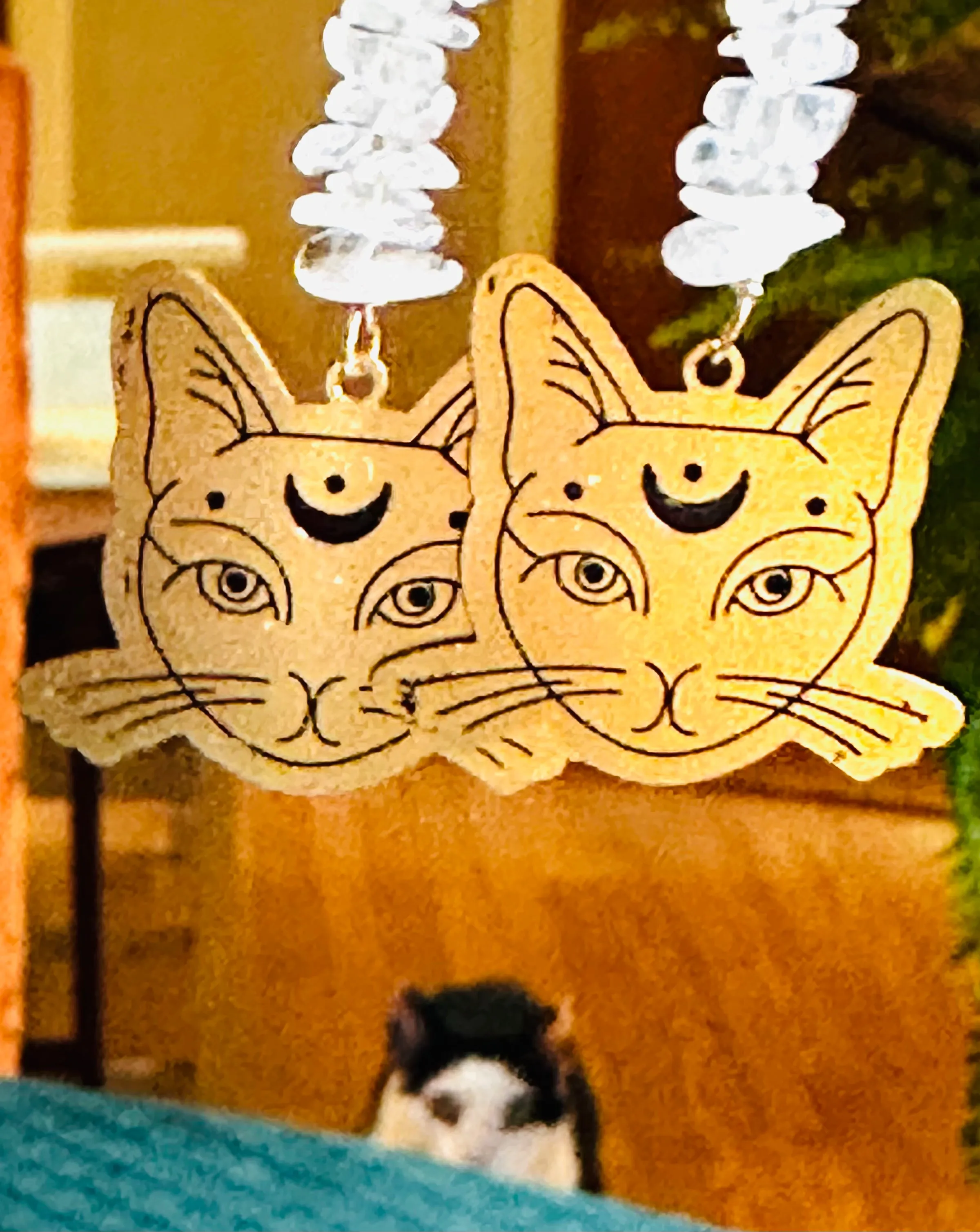 Brass Cat Gemstone Earrings/kitty Earrings /Natural Gemstone
