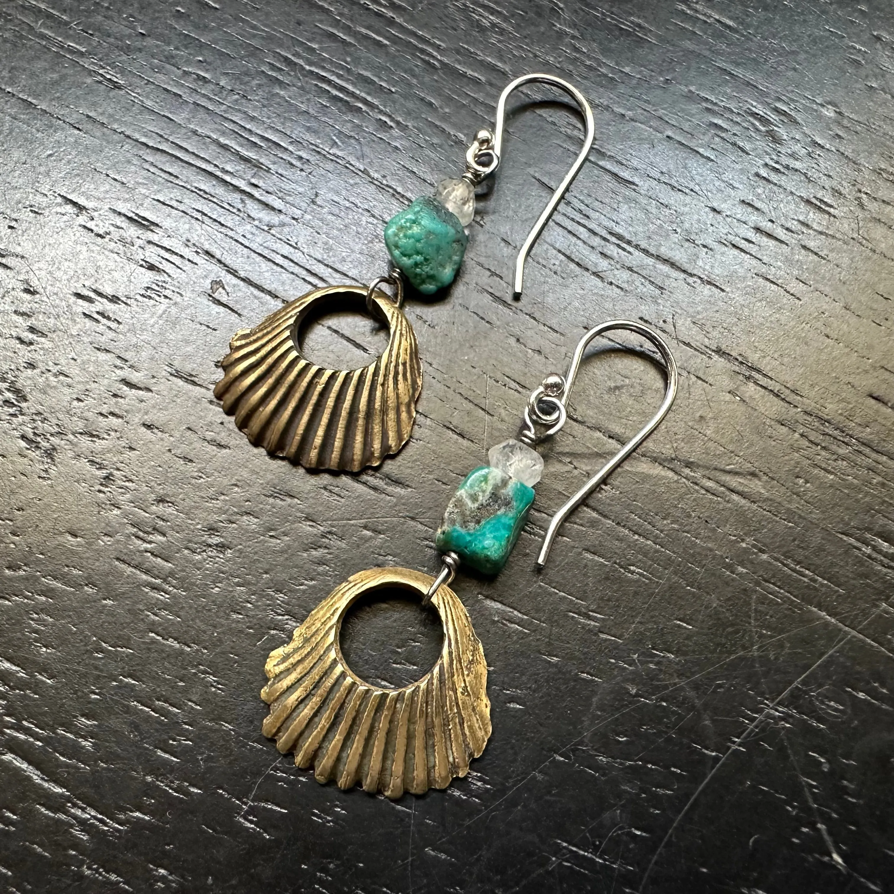 Brass Seashell Earrings with Turquoise and Moonstone
