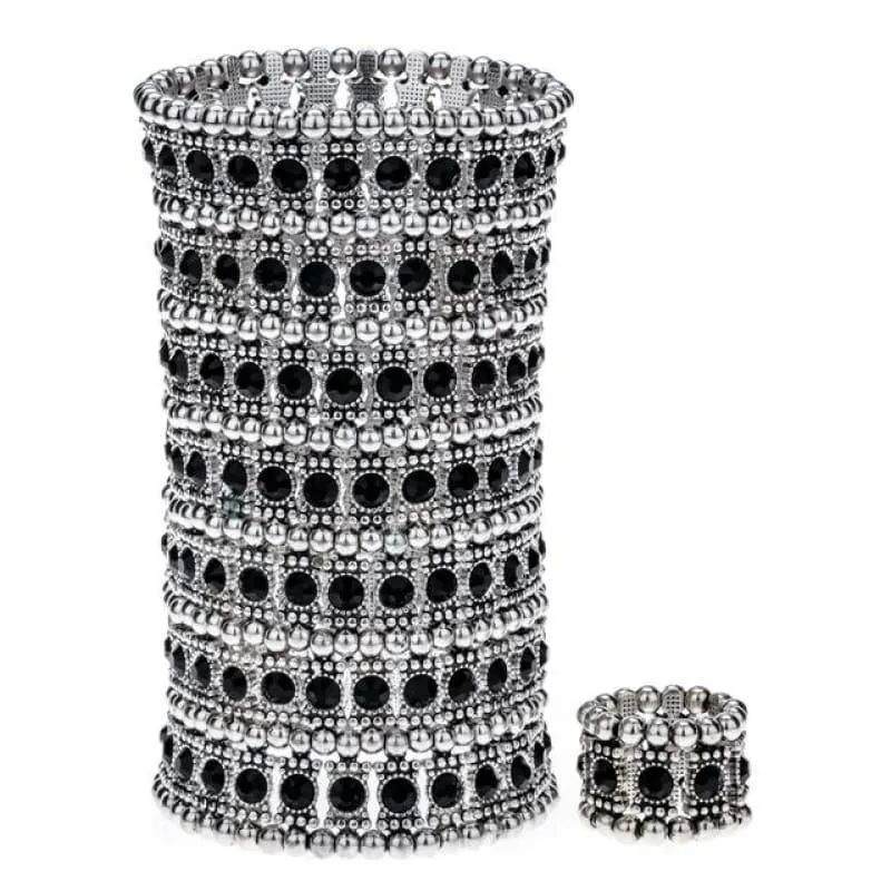 Bronze Crystal Multilayer Stretch Cuff Bracelet Ring Sets