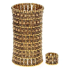 Bronze Crystal Multilayer Stretch Cuff Bracelet Ring Sets