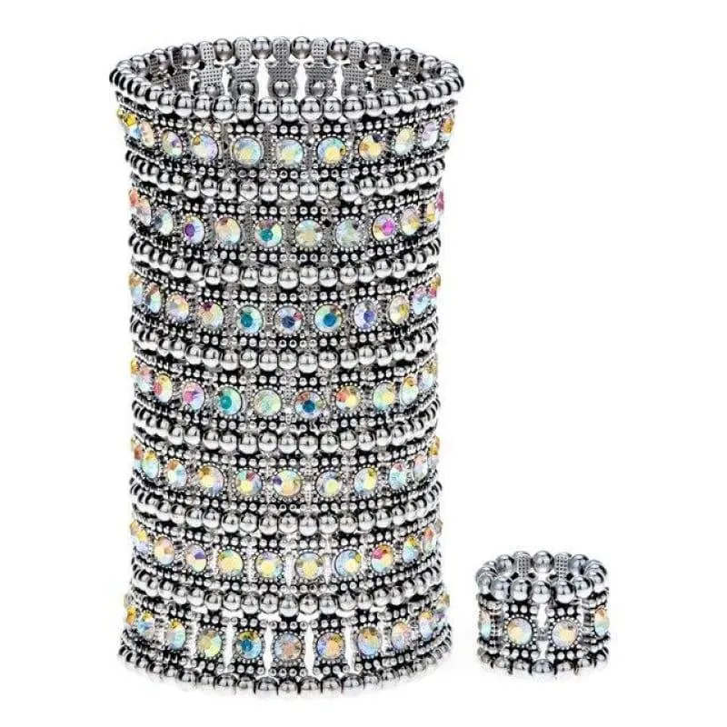 Bronze Crystal Multilayer Stretch Cuff Bracelet Ring Sets