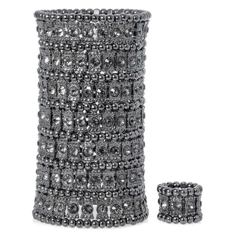 Bronze Crystal Multilayer Stretch Cuff Bracelet Ring Sets