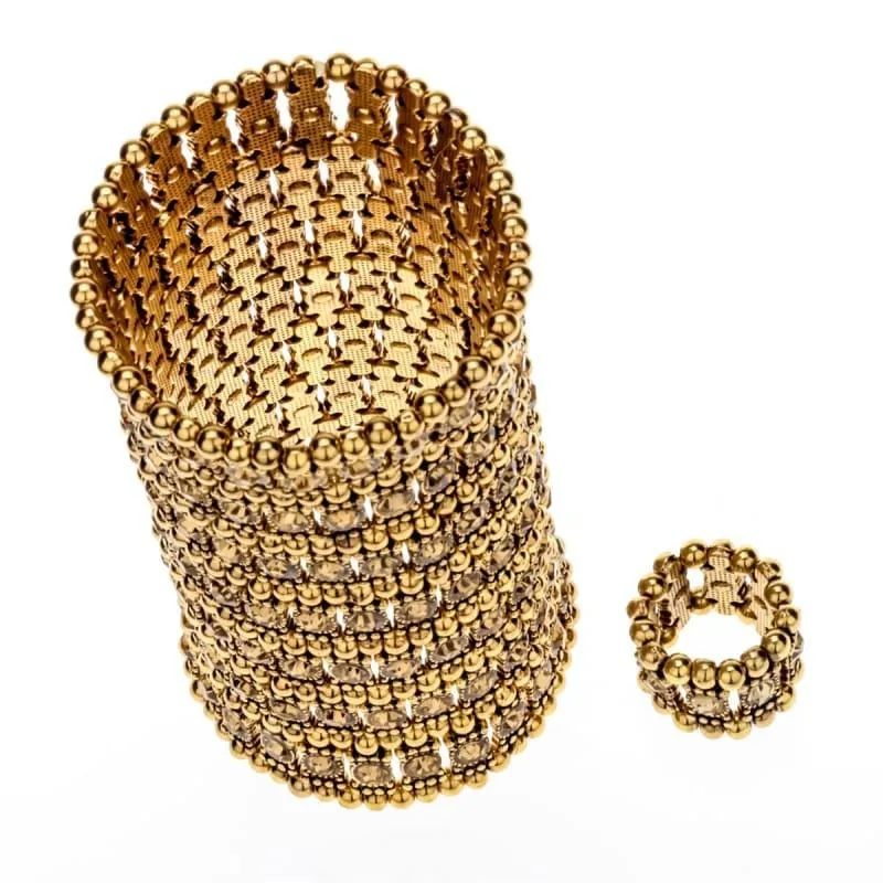 Bronze Crystal Multilayer Stretch Cuff Bracelet Ring Sets