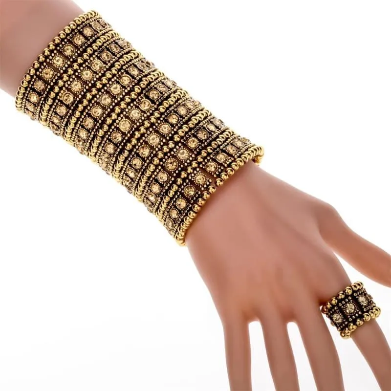 Bronze Crystal Multilayer Stretch Cuff Bracelet Ring Sets
