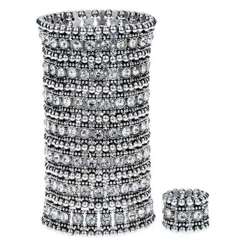 Bronze Crystal Multilayer Stretch Cuff Bracelet Ring Sets