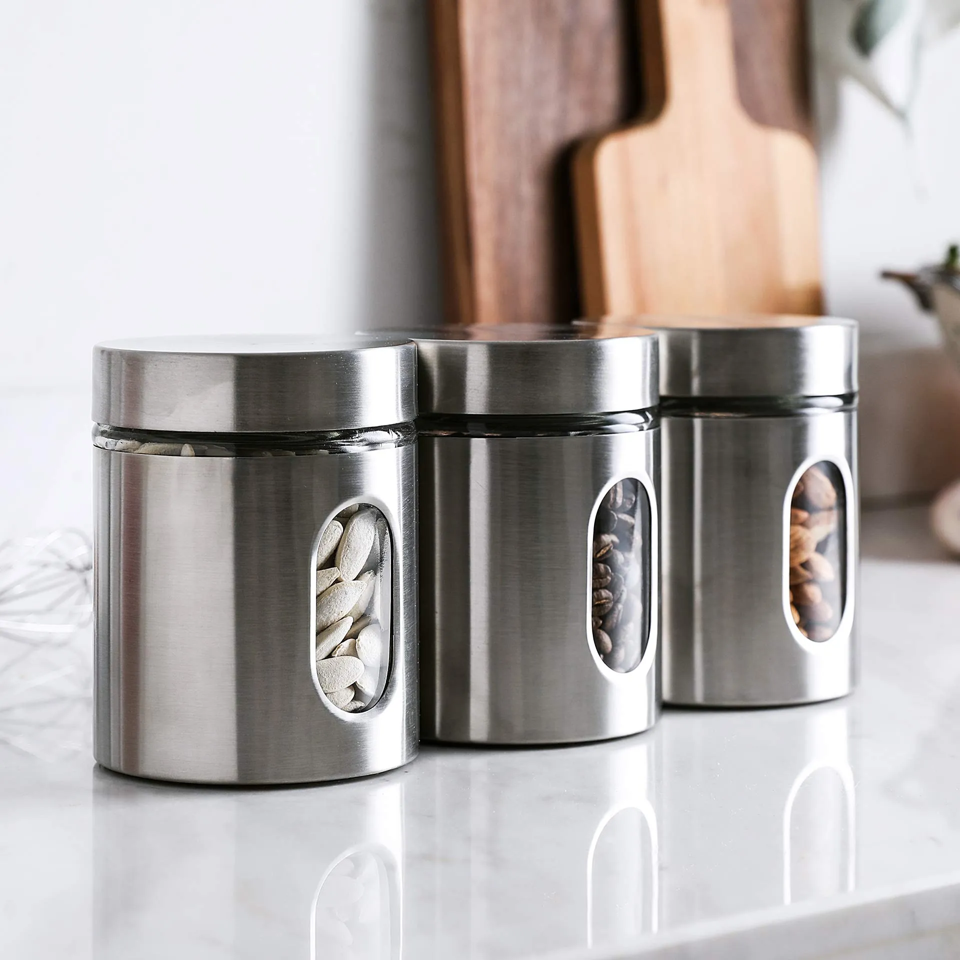 Brushed Stainless Steel and Glass Canister with Airtight Lid, 5.5"H & 24OZ Set