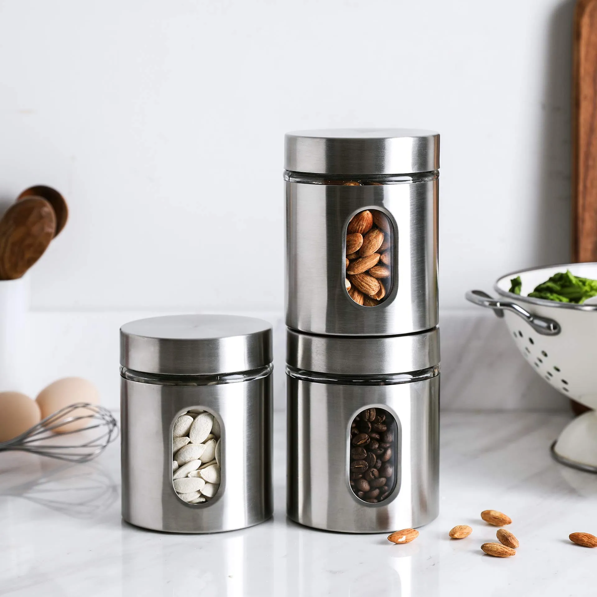 Brushed Stainless Steel and Glass Canister with Airtight Lid, 5.5"H & 24OZ Set