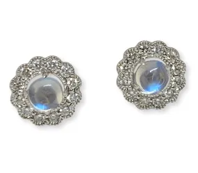 Cabochon Natural Moonstone & Diamonds Pave Halo Post Earrings 14K White Gold
