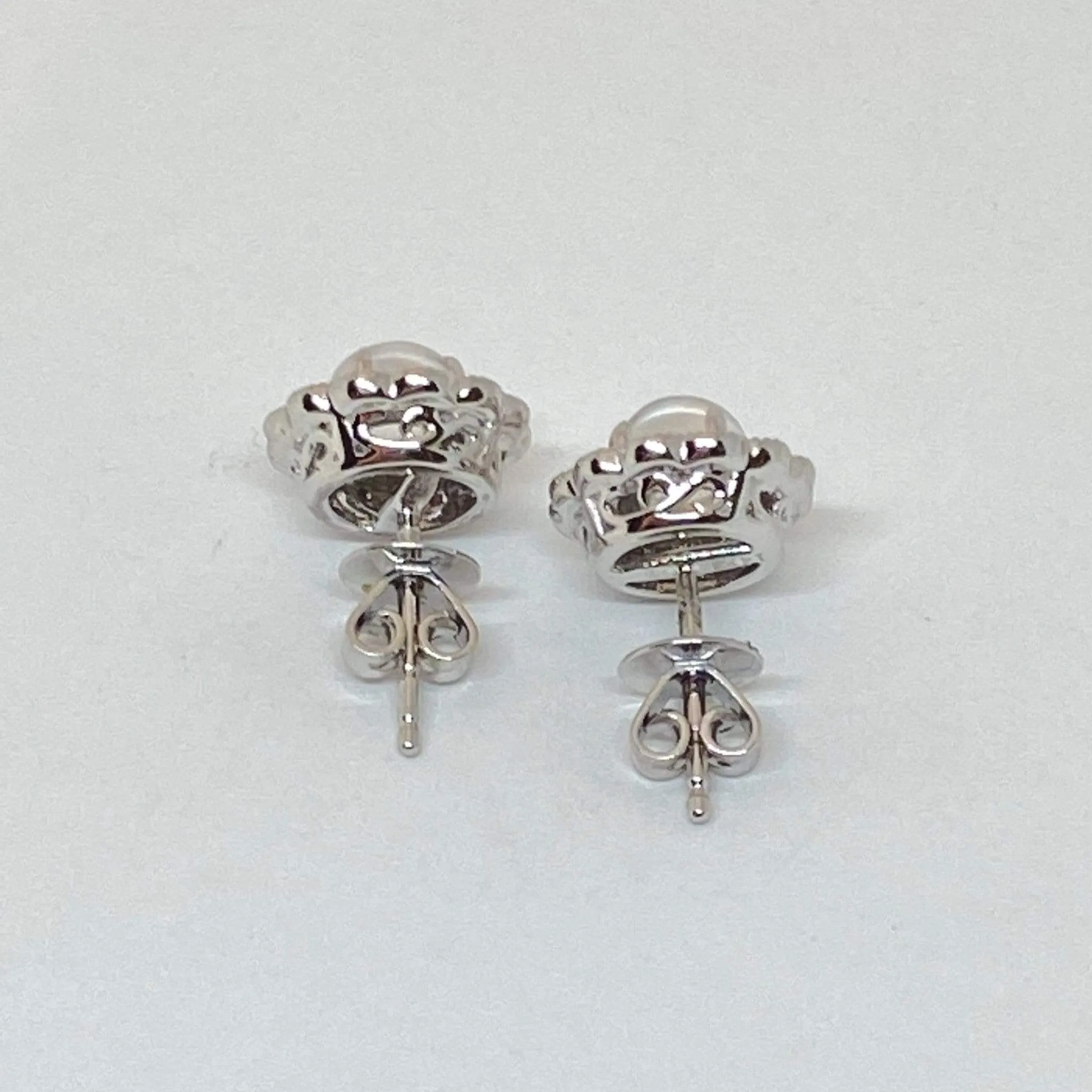 Cabochon Natural Moonstone & Diamonds Pave Halo Post Earrings 14K White Gold