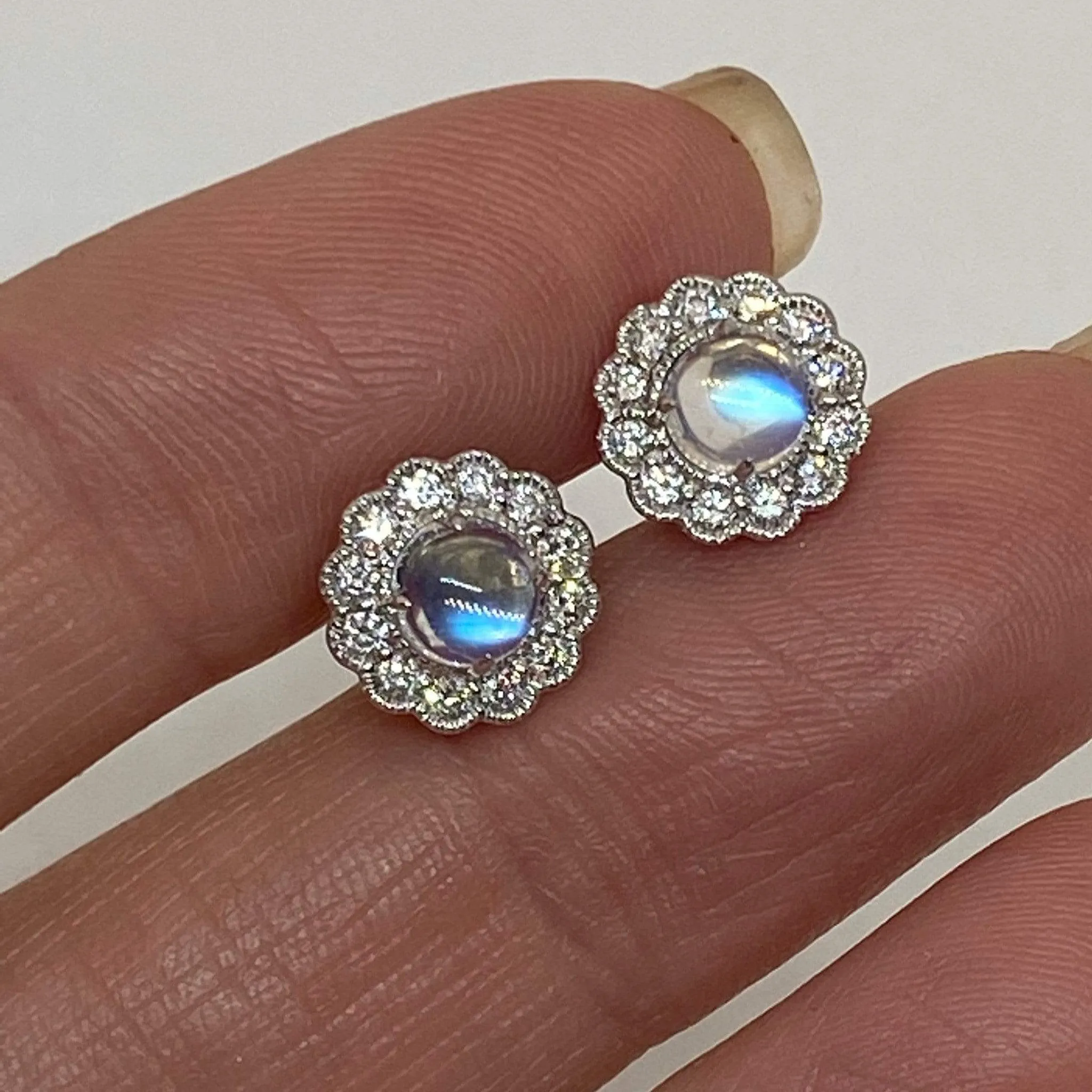 Cabochon Natural Moonstone & Diamonds Pave Halo Post Earrings 14K White Gold