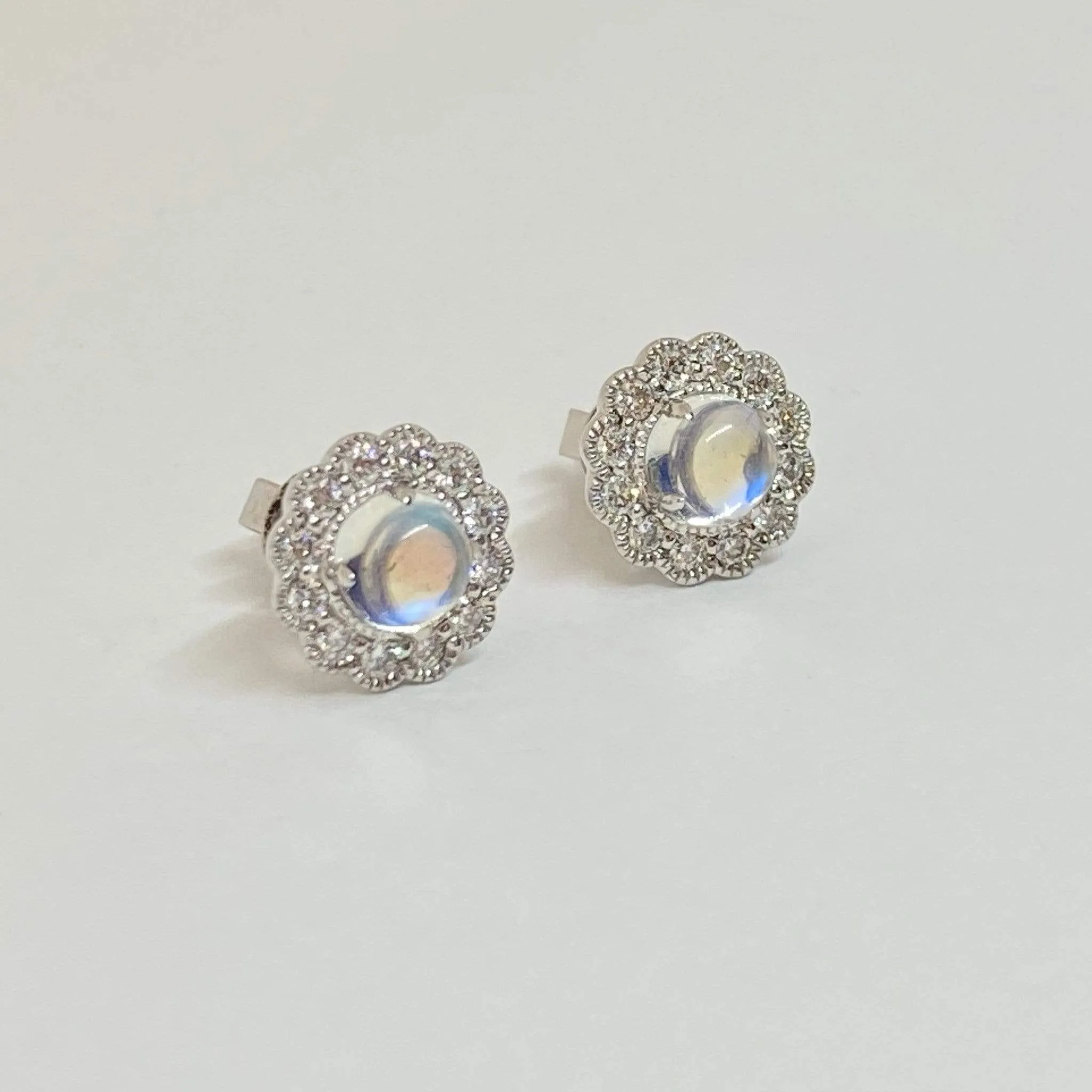 Cabochon Natural Moonstone & Diamonds Pave Halo Post Earrings 14K White Gold