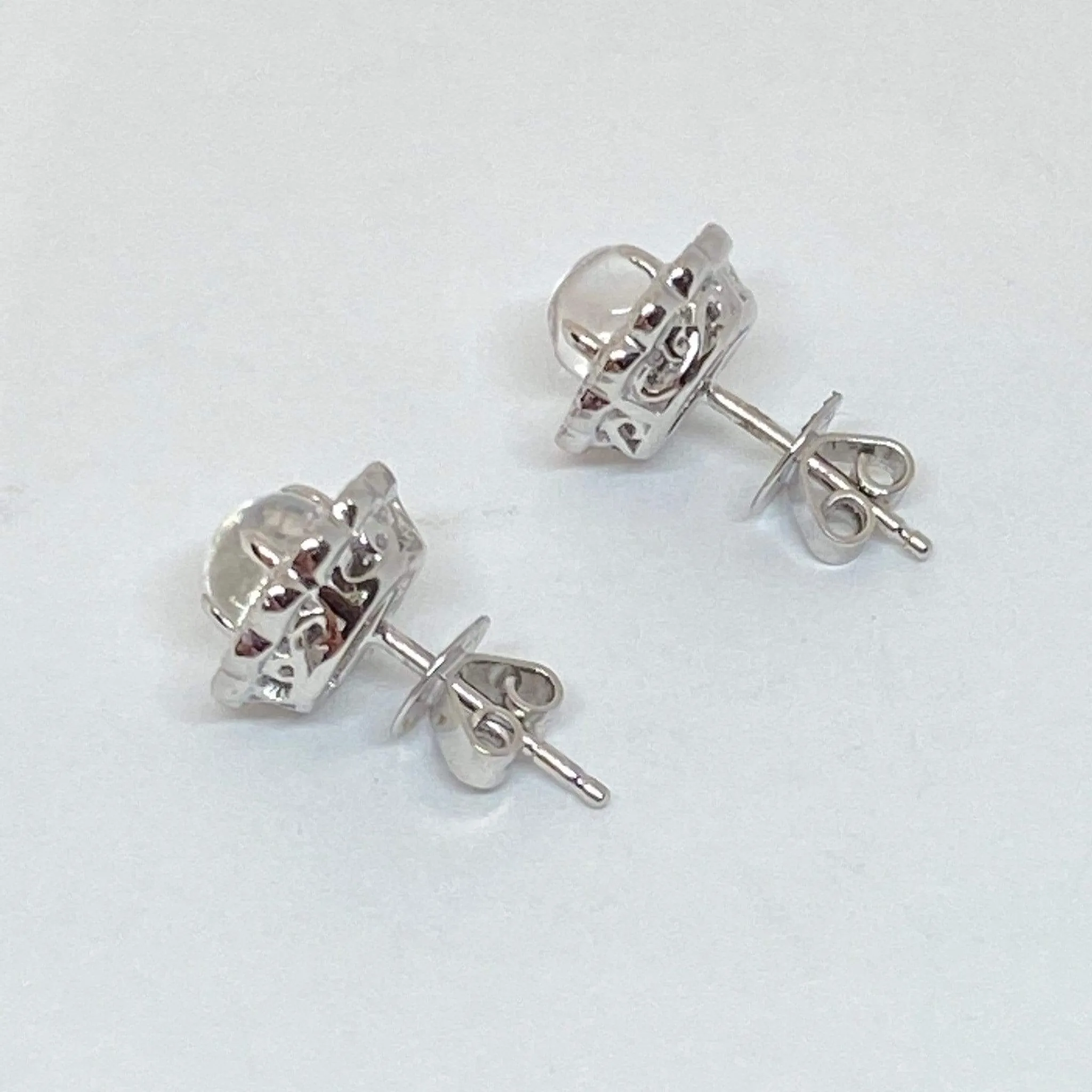 Cabochon Natural Moonstone & Diamonds Pave Halo Post Earrings 14K White Gold