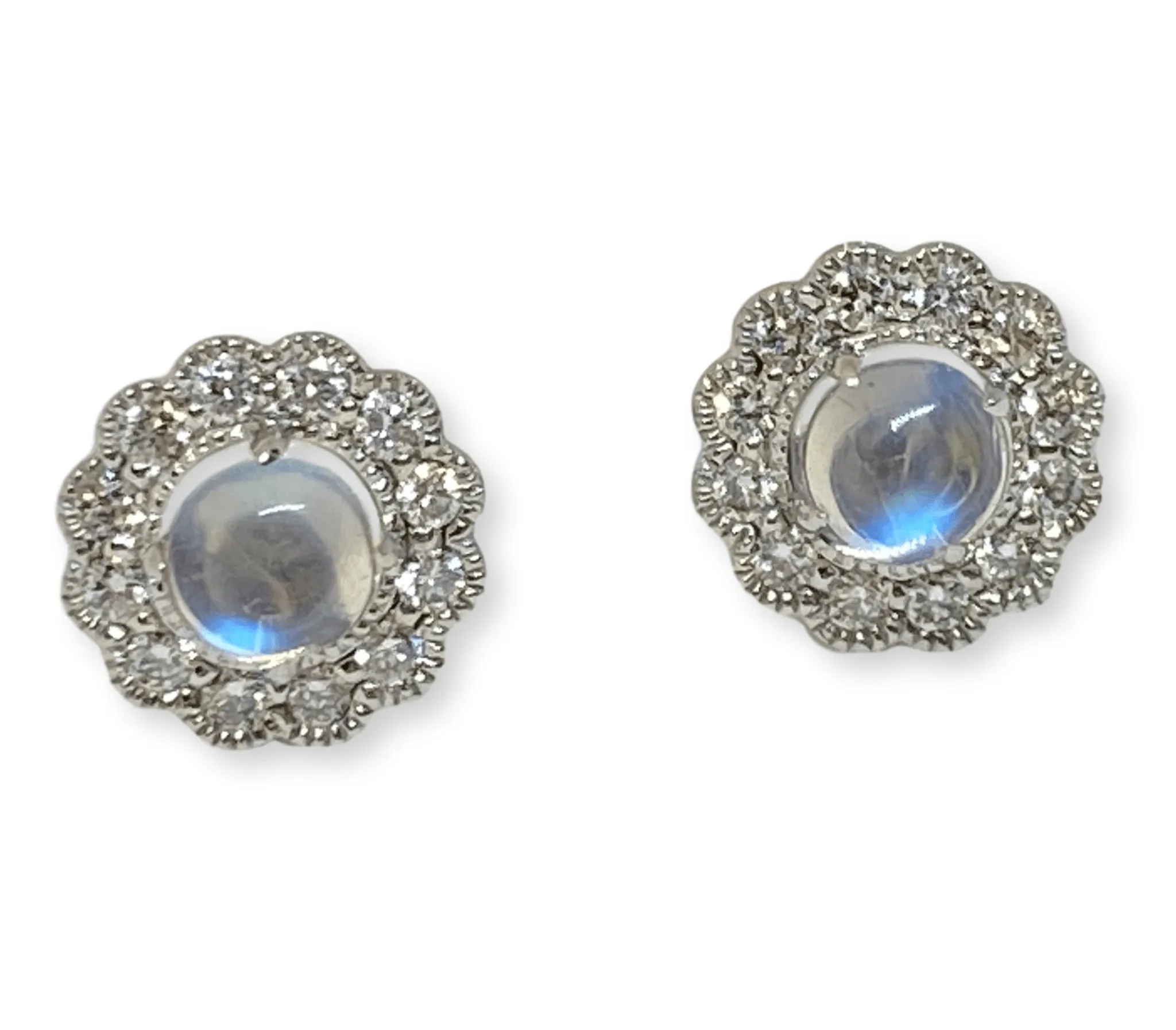 Cabochon Natural Moonstone & Diamonds Pave Halo Post Earrings 14K White Gold