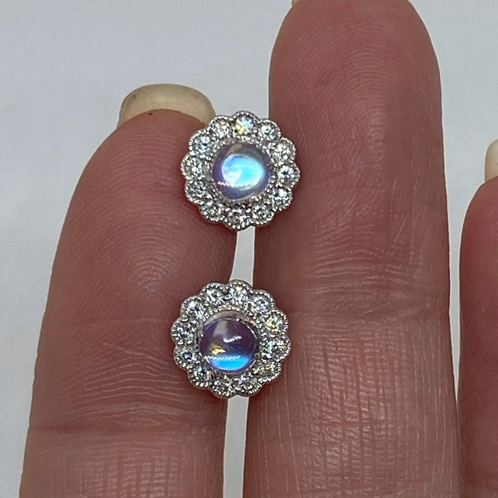 Cabochon Natural Moonstone & Diamonds Pave Halo Post Earrings 14K White Gold