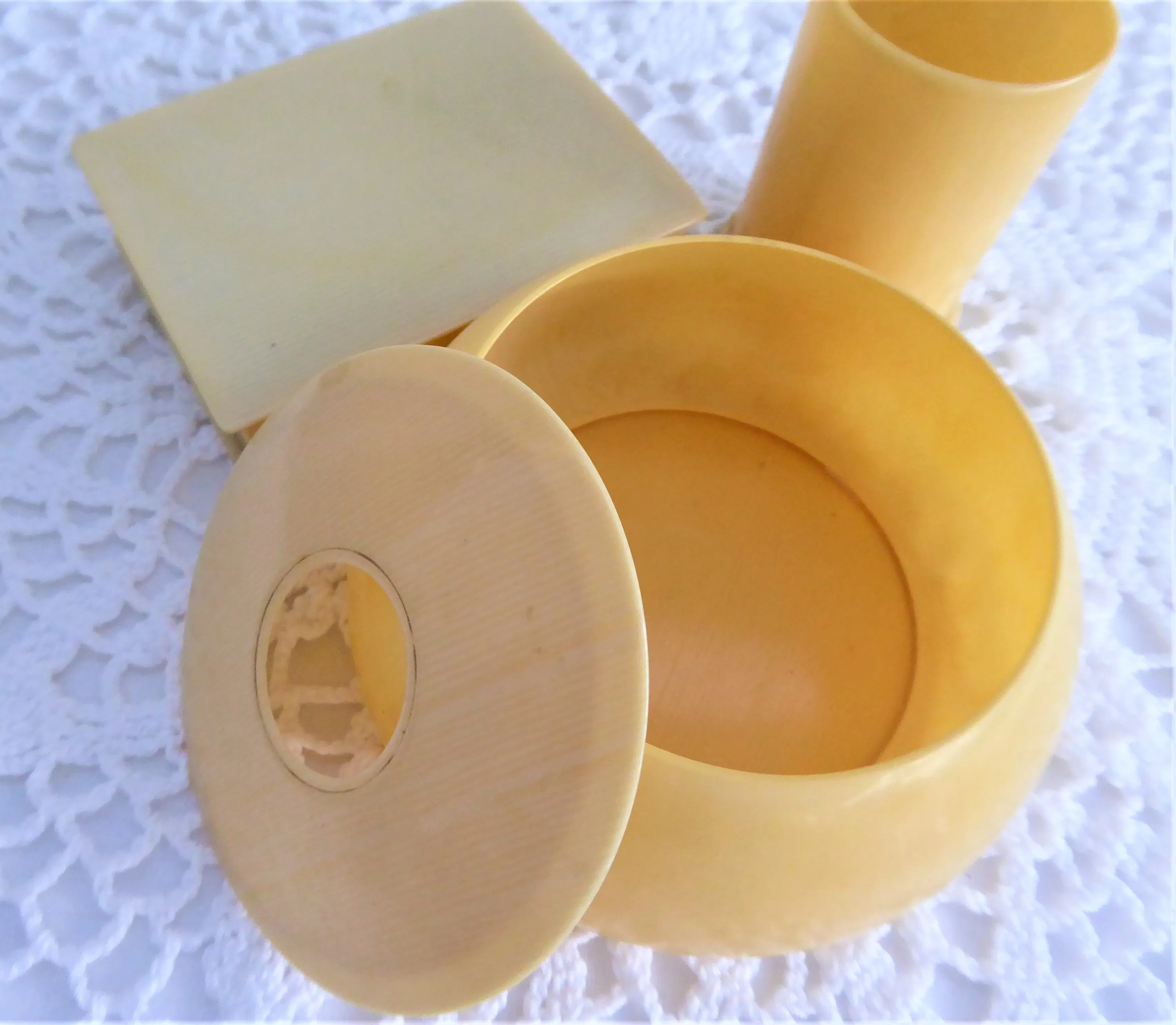 Celluloid Vanity Items Set Of 4 Jewelry Box Hair Receiver Nail Tool Hairpin Box 1890s