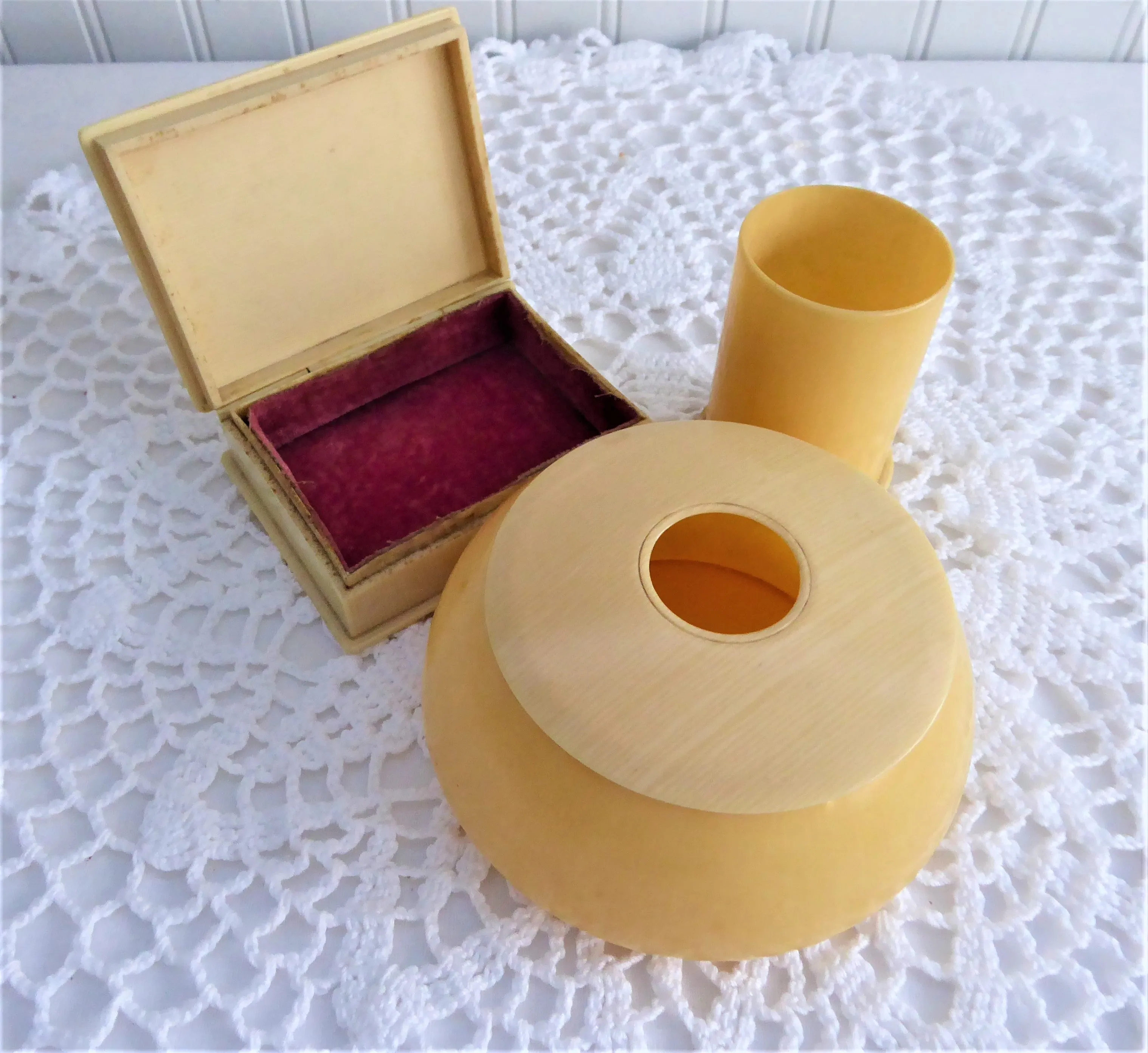 Celluloid Vanity Items Set Of 4 Jewelry Box Hair Receiver Nail Tool Hairpin Box 1890s