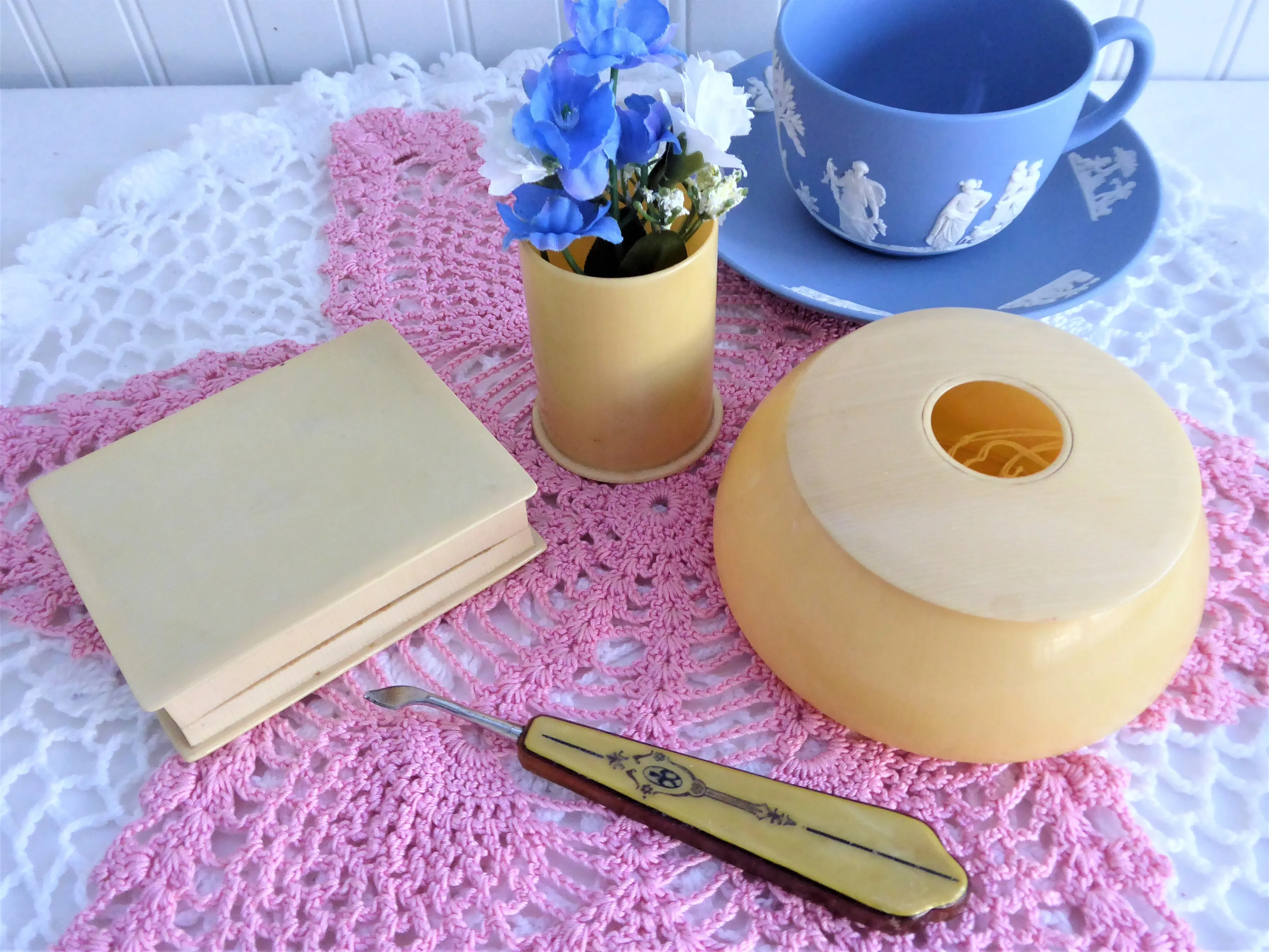 Celluloid Vanity Items Set Of 4 Jewelry Box Hair Receiver Nail Tool Hairpin Box 1890s