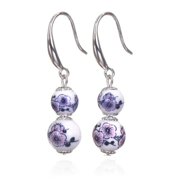 Ceramic Floral Double Silver Plated Earrings