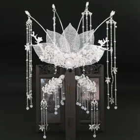 Chinese Wei Jin Dynasty Style Earrings Maple Leaf Long Fringe Hair Crown Set