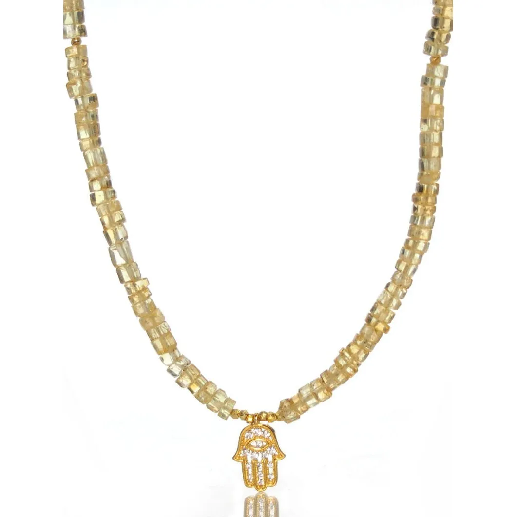 Citrine Necklace with Gold Filled Trigger Clasp, Gold Plated Hamsa Charm
