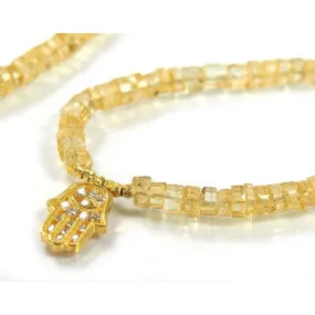 Citrine Necklace with Gold Filled Trigger Clasp, Gold Plated Hamsa Charm