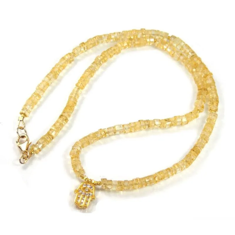 Citrine Necklace with Gold Filled Trigger Clasp, Gold Plated Hamsa Charm