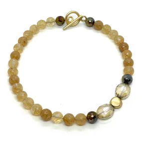 Citrine Quartz Necklace With Champagne Crystal And Tigers Eye Side Accents