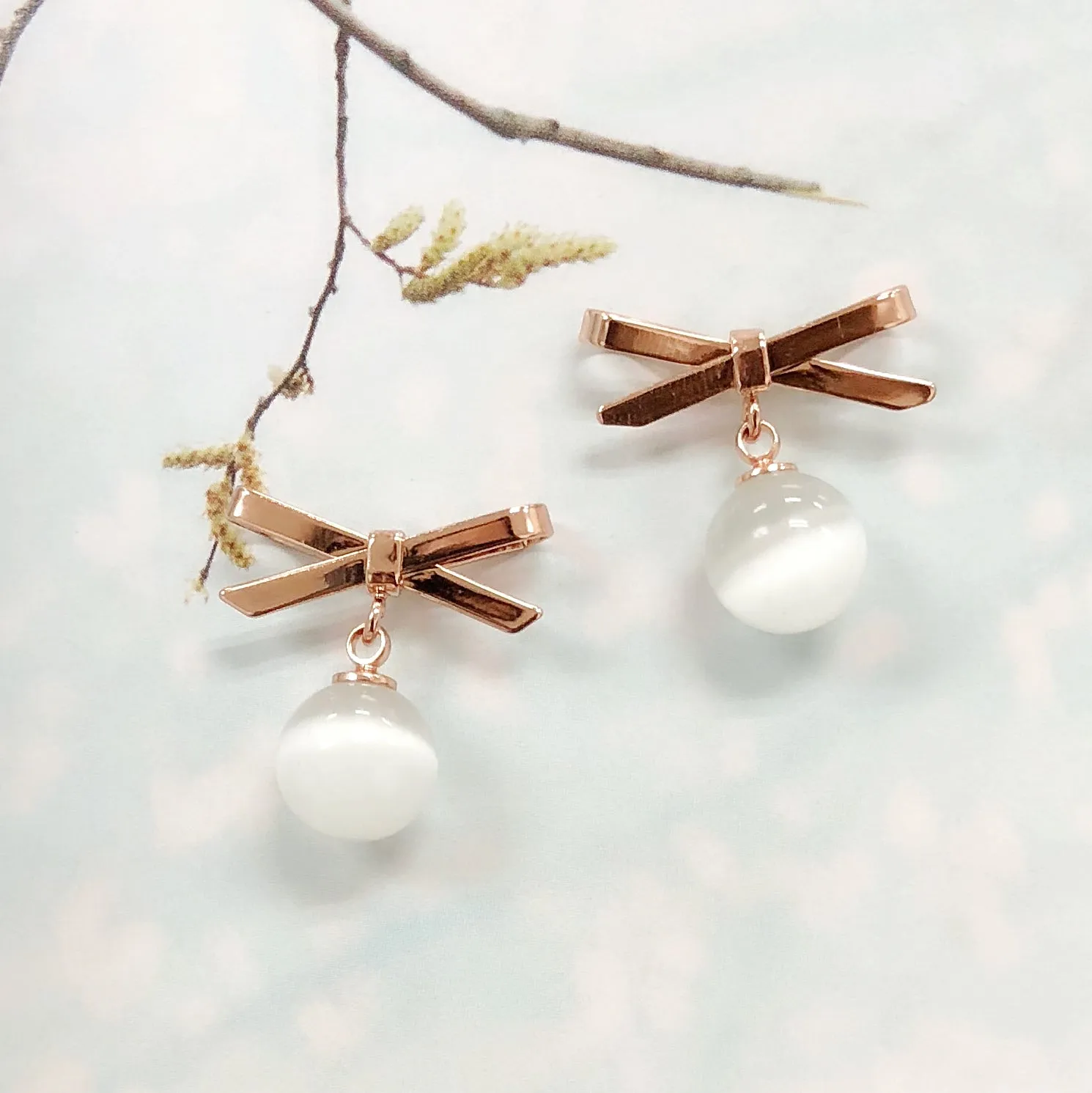 Crossed Ribbon Moonstone Earrings